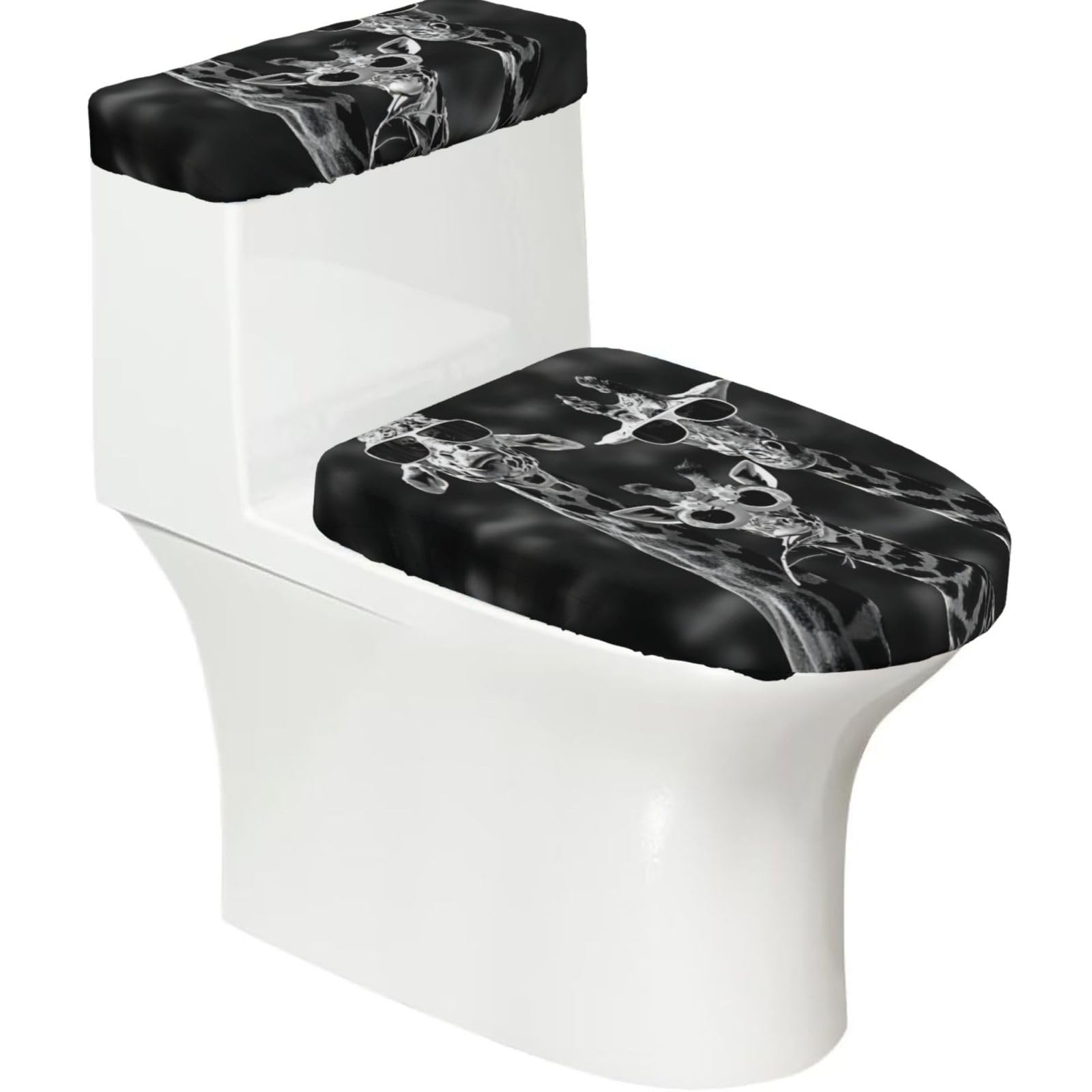 Three Giraffe 2-Piece Toilet Seat Cover Set with Tank Lid - Elastic for U-Shape & Elongated - Bathroom Decor