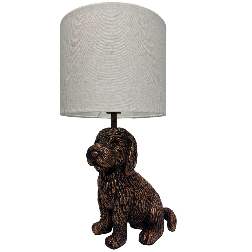 Britalia Antique Copper Sitting Puppy Table Lamp with Natural Linen Drum Shade, Resin, E14 SES, 48cm x 25cm
