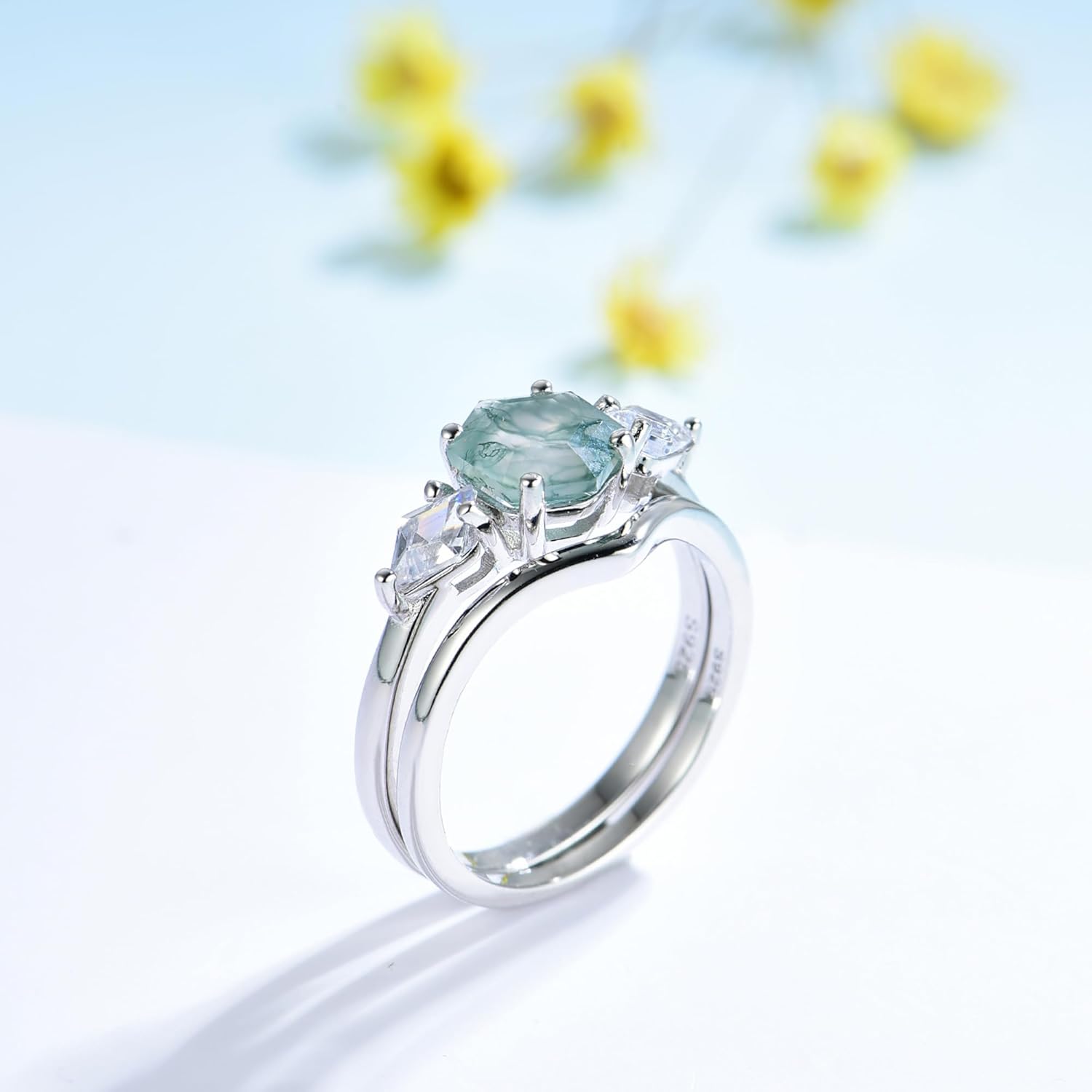 Natural Moss Agate Gemstone Genuine 925 Sterling Silver Ring for Women Hexagon Cut Women's Ring Set for Engagement Wedding Jewelry - Image 8