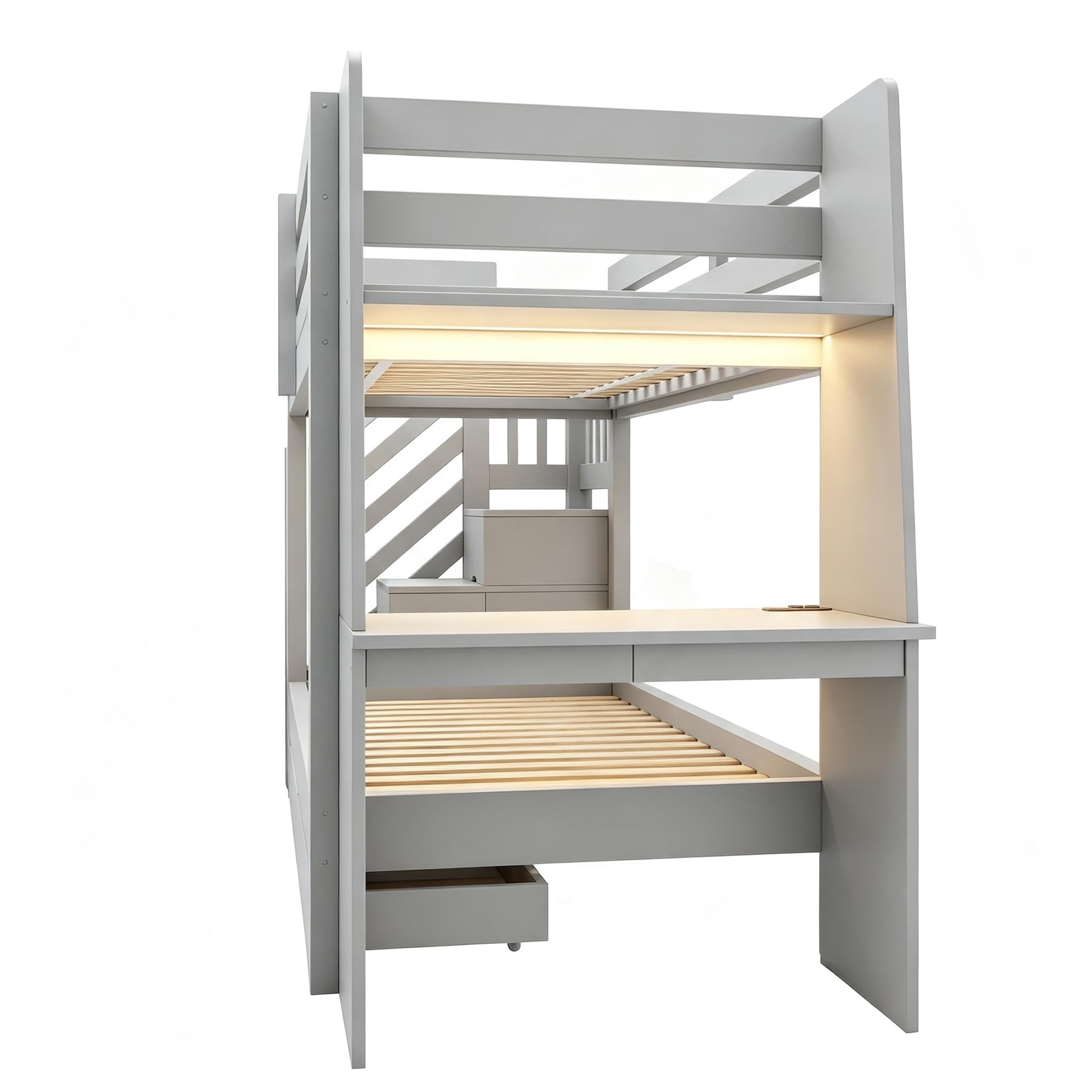 Etagenbett für Kinder, 90 x 200 cm, Holzrahmen mit Leiter, integriertem Schreibtisch und Schubladen, geeignet für Jugendliche und Erwachsene, Grau