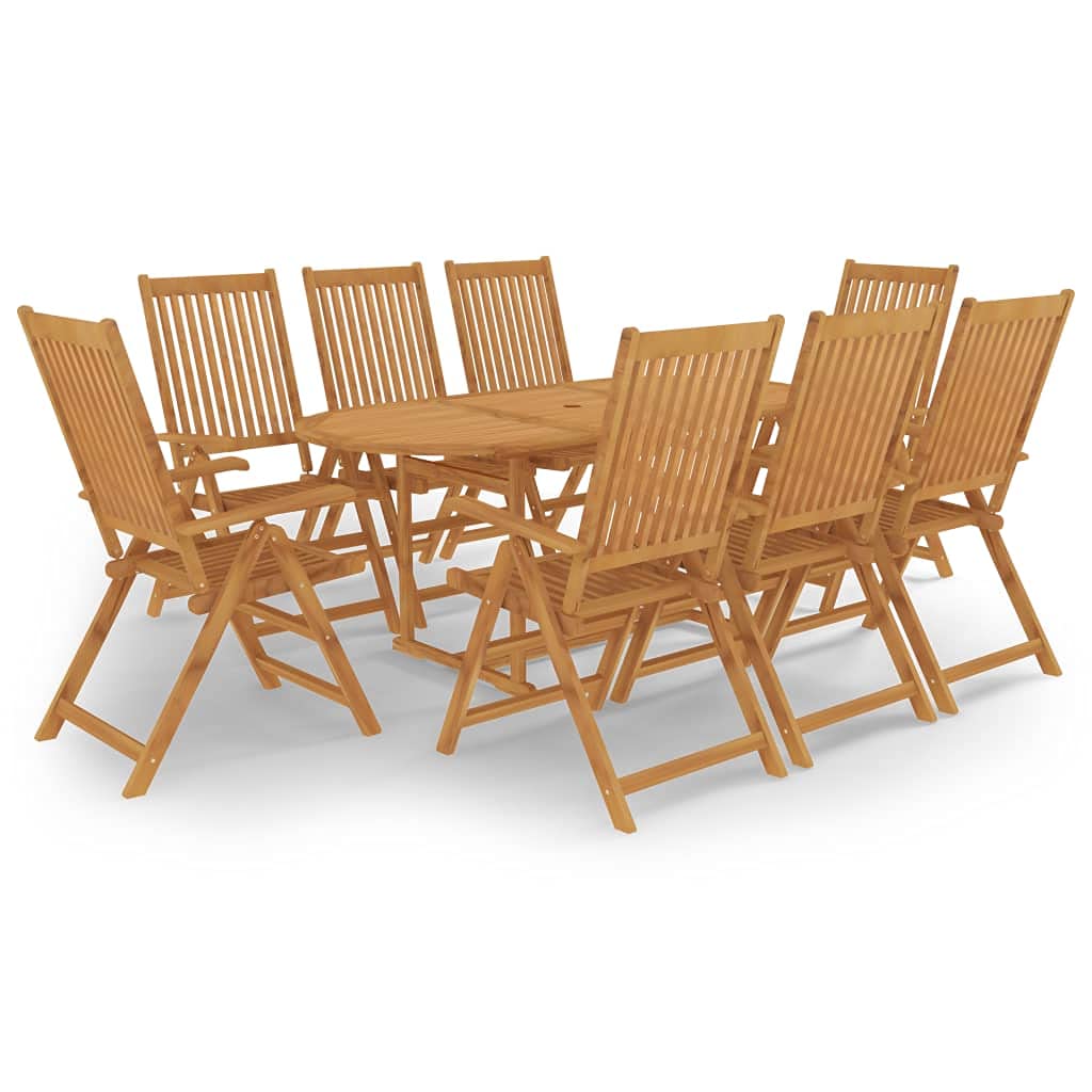 9-TLG. Gruppo da giardino in legno massello teak con foro parasole e sedie pieghevoli con schienale regolabile per terrazza