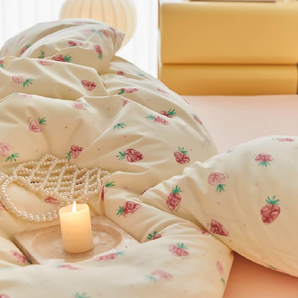 Strawberry Comforter Set Queen Size Red Strawberry Printed on Cream White Bedding Set 3 Pieces Queen Bed in a Bag with Strawberries Comforter and 2 Pillowcases for Girls Kids