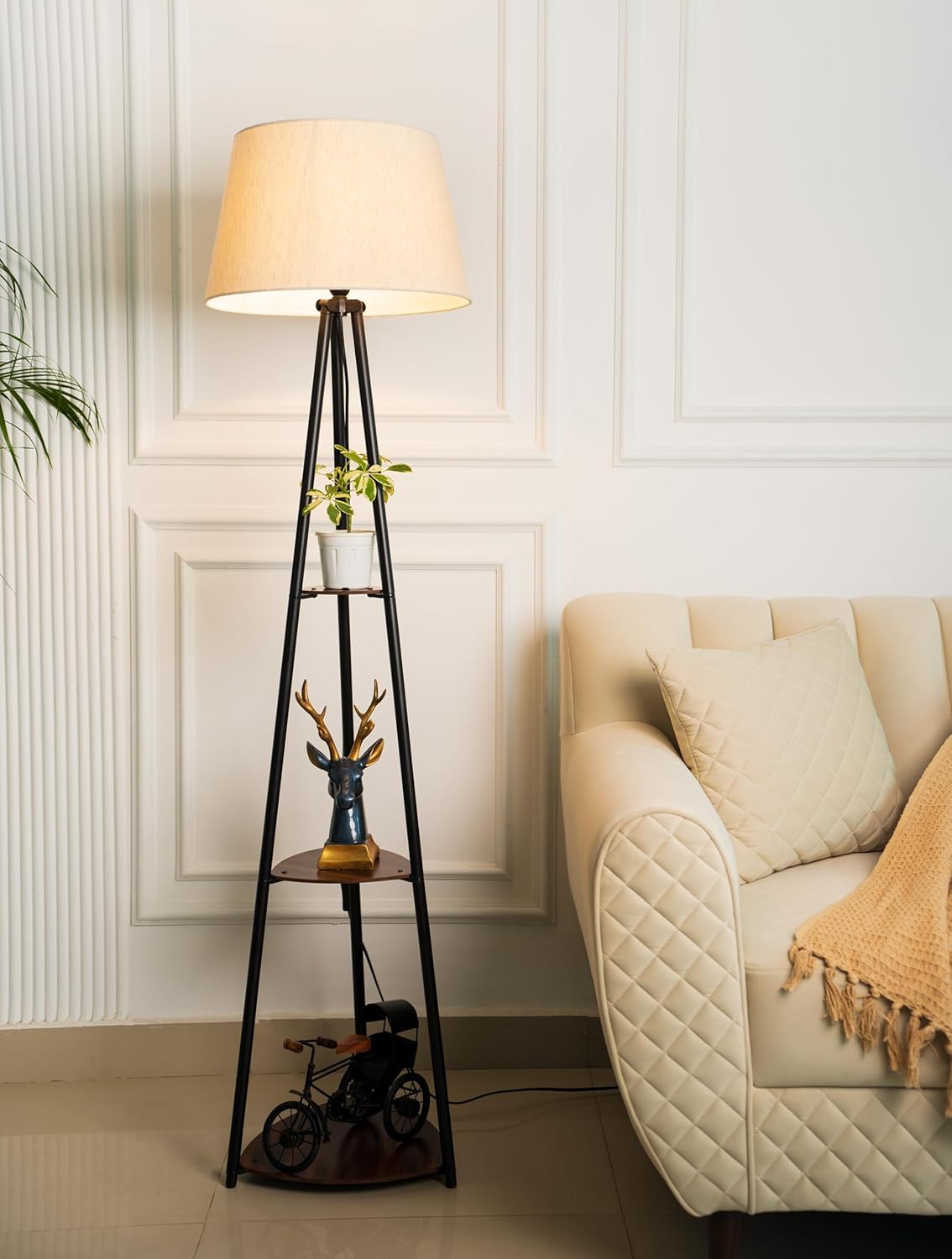 Old ERA Antiques 3 Shelves Floor Lamp Black Polished 5 Feet Height with 16” Diameter Off White Shade for Living Room, Bedroom, Home Decoration | Led Bulb Included - Pack of 1-image-3