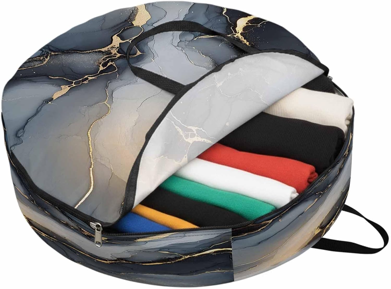 Abstract Marble Texture Round Storage Bag 24 Inch, Grey Shinny Gold Gradient Art Clothes Storage Container with Handles Heavy Duty Organizer for Comforter, Bedding & Holiday Wreaths
