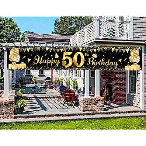 LECONCES Happy Birthday Banner, Birthday Decorations 50th Birthday Banner for Birthday Party, Fabric Triangle Flag Balloon Banner Background, Gold 50th Birthday Banner Indoor Outdoor Decorations Cover