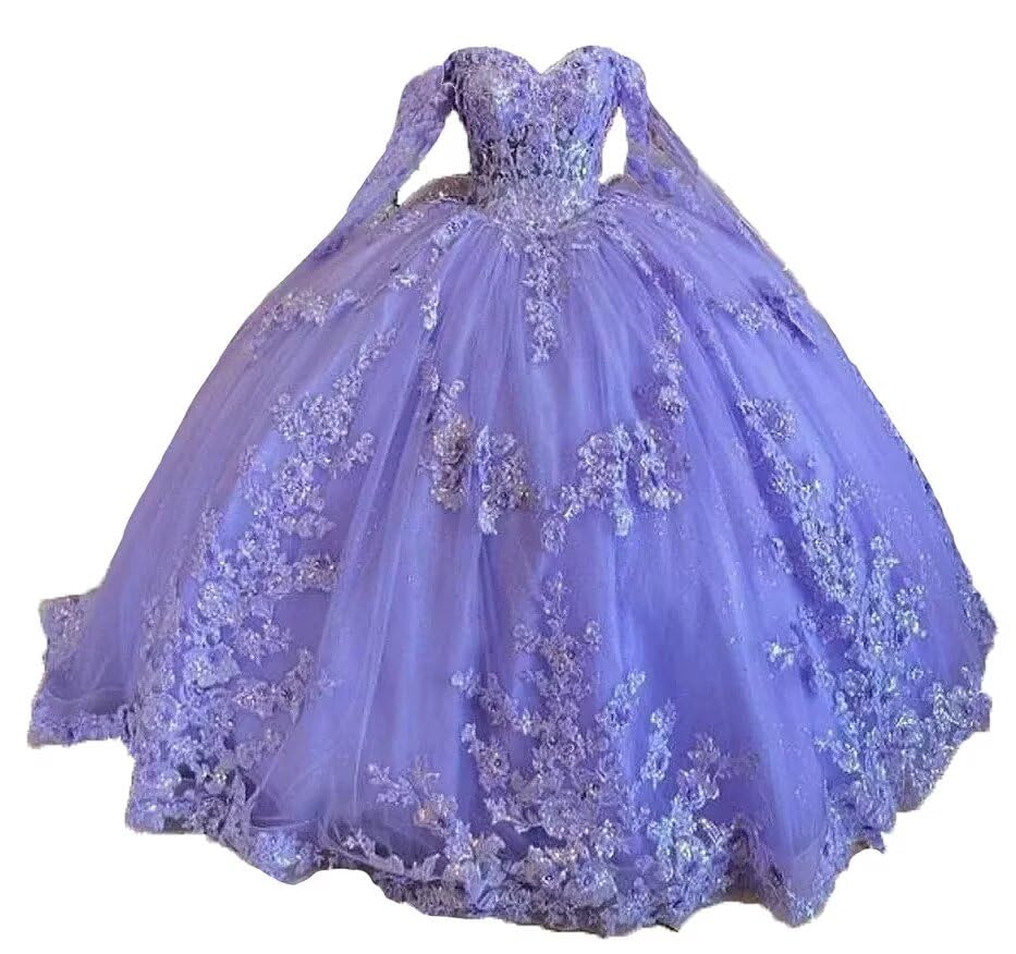Ruffles Sequin Lace Applique Quinceanera Dresses Off Shoulder Ball Gown with Cape Puffy Lace Tulle Princess Dress
