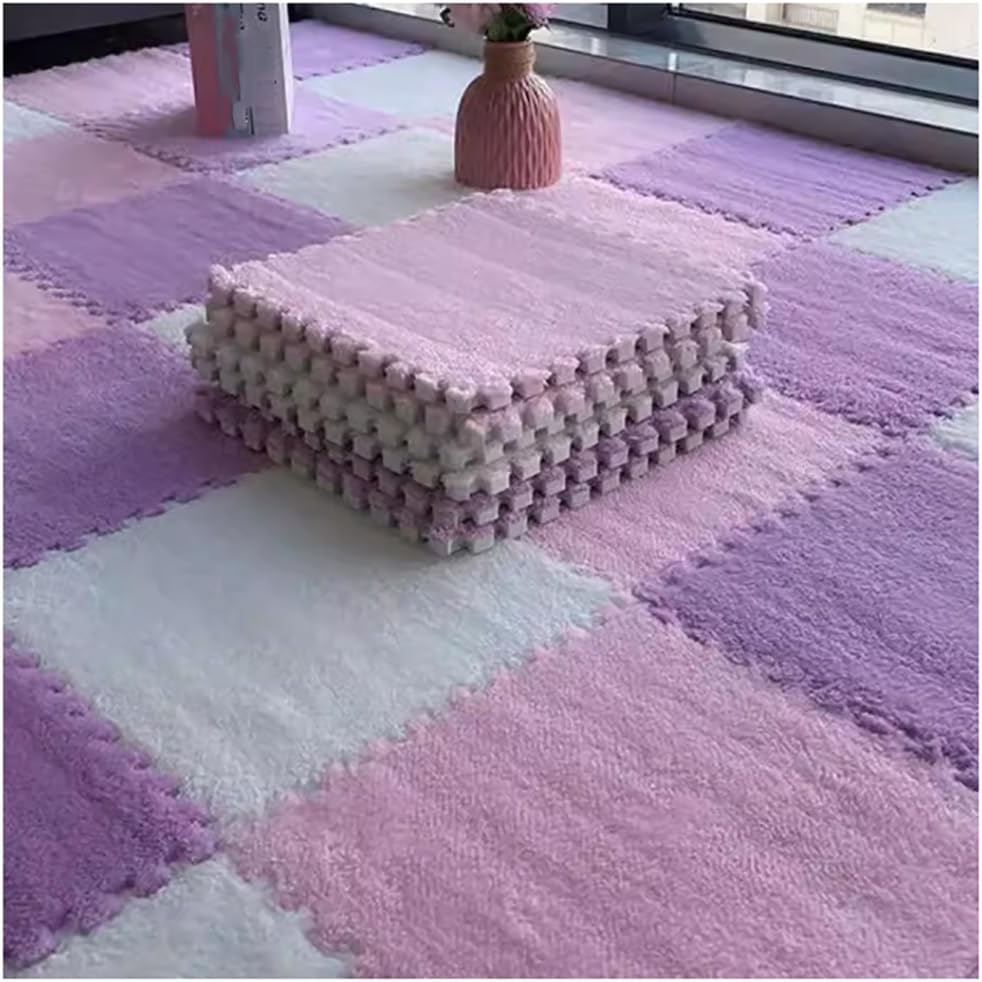 12PCS Soft Interlocking Carpet Tiles Washable EVI Foam Floor Mats Non-Slip Short Plush Puzzle Rug for Bedroom Living Room(White+Pink+Purple,12 pcs)