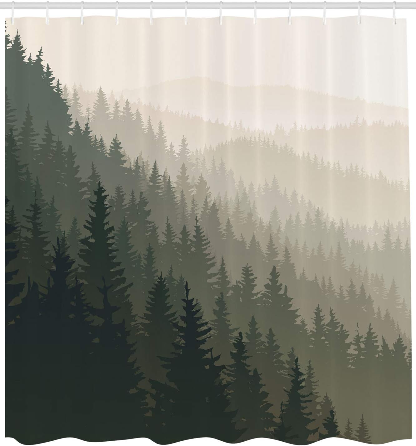 Ambesonne Forest Shower Curtain, Northern Parts of The World Coniferous Trees Scandinavian Woodland, Cloth Fabric Bathroom Decor Set with Hooks, 69" W x 75" L, Cream Tan Dark Green