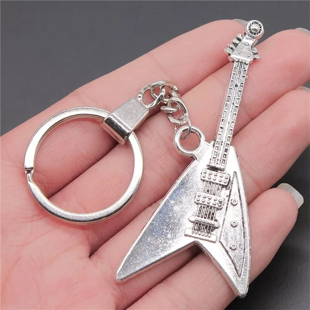 Antyczny kolor 77x32mm gitara elektryczna Charms wisiorki mężczyźni łańcuszek do kluczyka do samochodu uchwyt pierścieniowy brelok