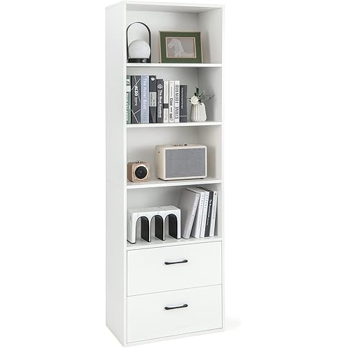 Giantex 74" Tall 4-Tier Bookcase with Drawers - Freestanding White Narrow Bookcase with Anti-Tipping Kits, Wood Open Storage Display Cabinet, 4-Cube Bookshelf for Living Room, Bedroom, Office