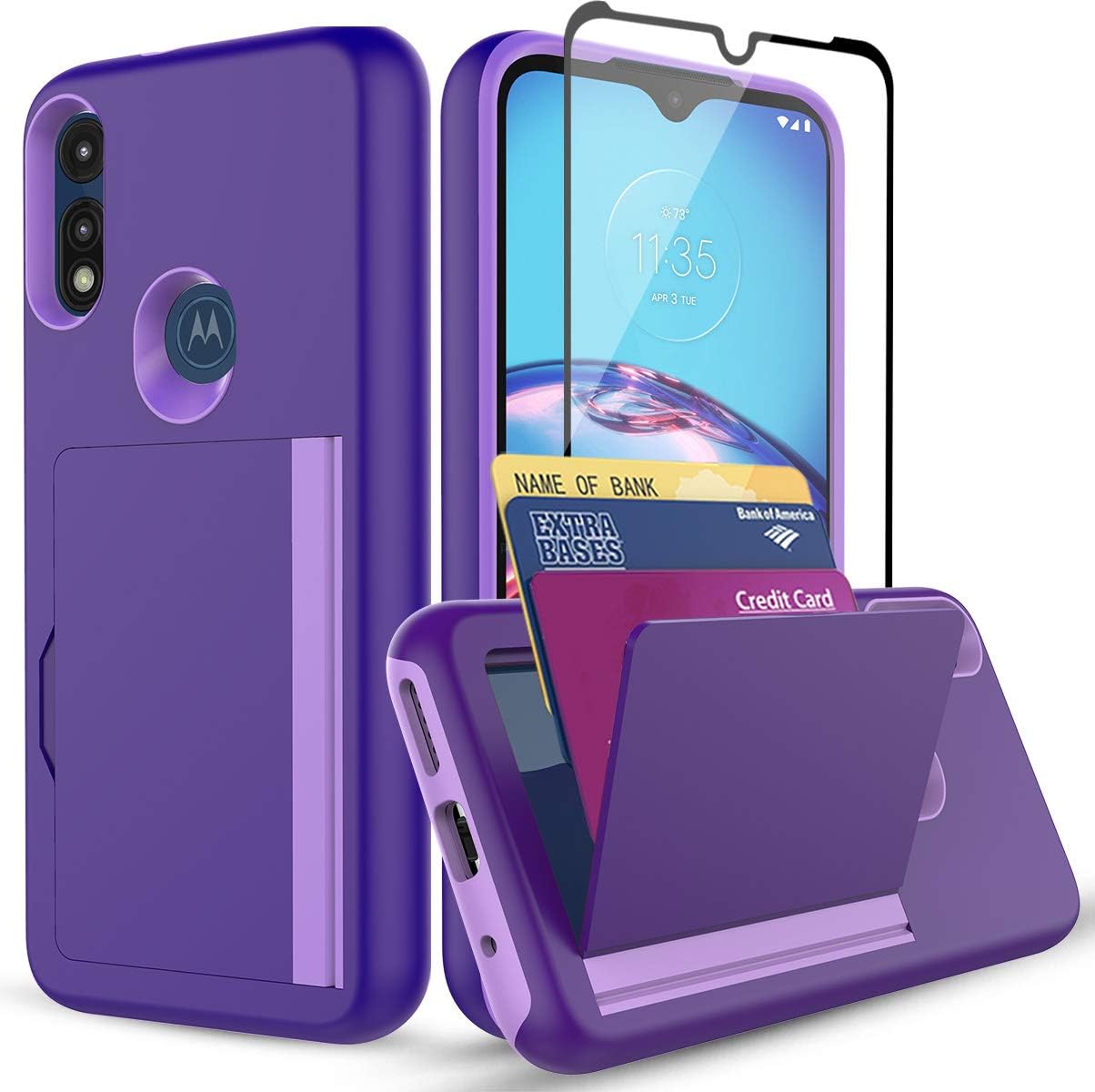 SunRemex Moto E 2020 Case with Tempered Glass Screen Protector,Moto E Case Card Holder Case Moto E7 Kickstand with Credit Card Protective Wallets Cover for Motorola E Phone (Preple)