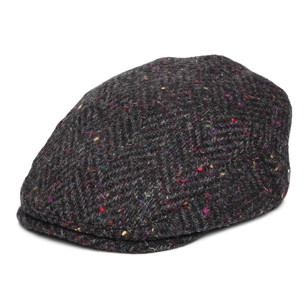 Jaxon & James Heavyweight Donegal Tweed Herringbone Finnegan Flat Cap - Charcoal-Multi - Medium