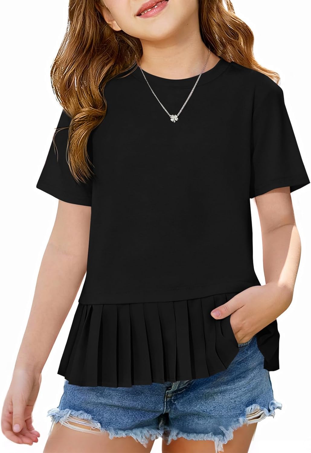 Haloumoning Girls Short Sleeve Shirts Kids Cute Pleated Hem T-Shirts Summer Fashion Tops Tees 5-14 Years