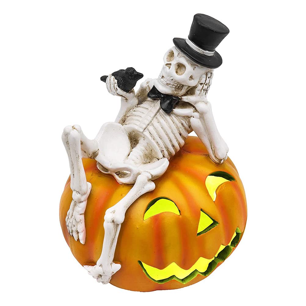 Muiltvoe Light Halloween Pumpkin Lantern And Skeleton Resin Jack O Lanterns Up Pumpkin Figurines Ornaments For Halloween Party(Colors )