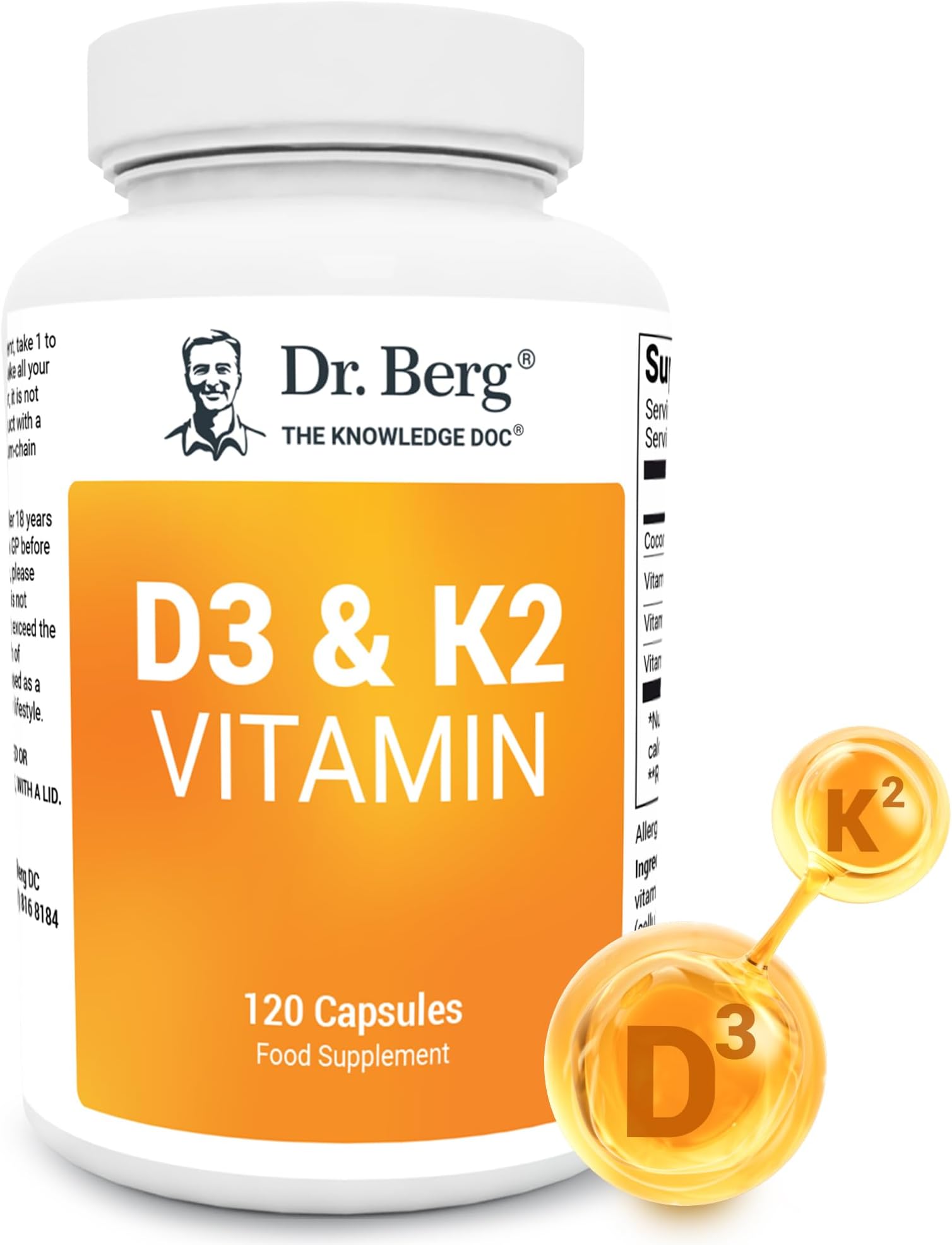 Dr. Berg Vitamin D3 K2 w/ MCT - Includes 2,000 IUs of Vitamin D3 & 50 mcg MK7 Vitamin K2 - No Added Sugars, Maltodextrin or Corn Syrup - 120 Capsules