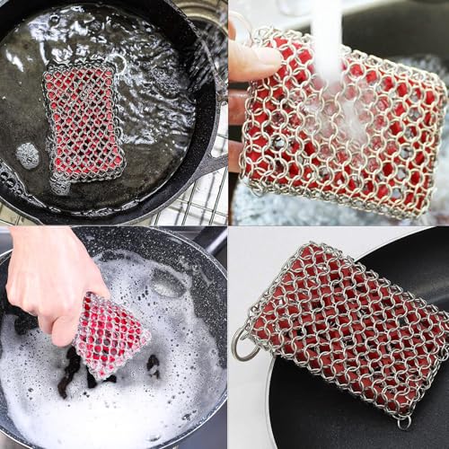 Image of 2PCS Cast Iron Scrubber, Stainless Steel Silicone Core Skillet Chainmail Scrubber Brush for Cleaning Pans, Cookware, Cups