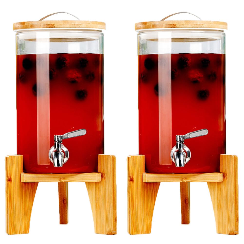 4L,Dispenser di Bevande in Vetro da 2 Pack per Feste, distributore di Bevande con Supporto in Legno di bambù e Rubinetto in Acciaio Inossidabile, distributore di Succo o Limonata
