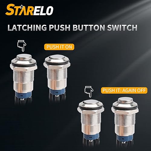 Miniatura 5 de STARELO 5 interruptores de botón LED de 0.472 in con cierre de 0.472 in, carcasa plateada con precableado, interruptor de botón impermeable IP65,