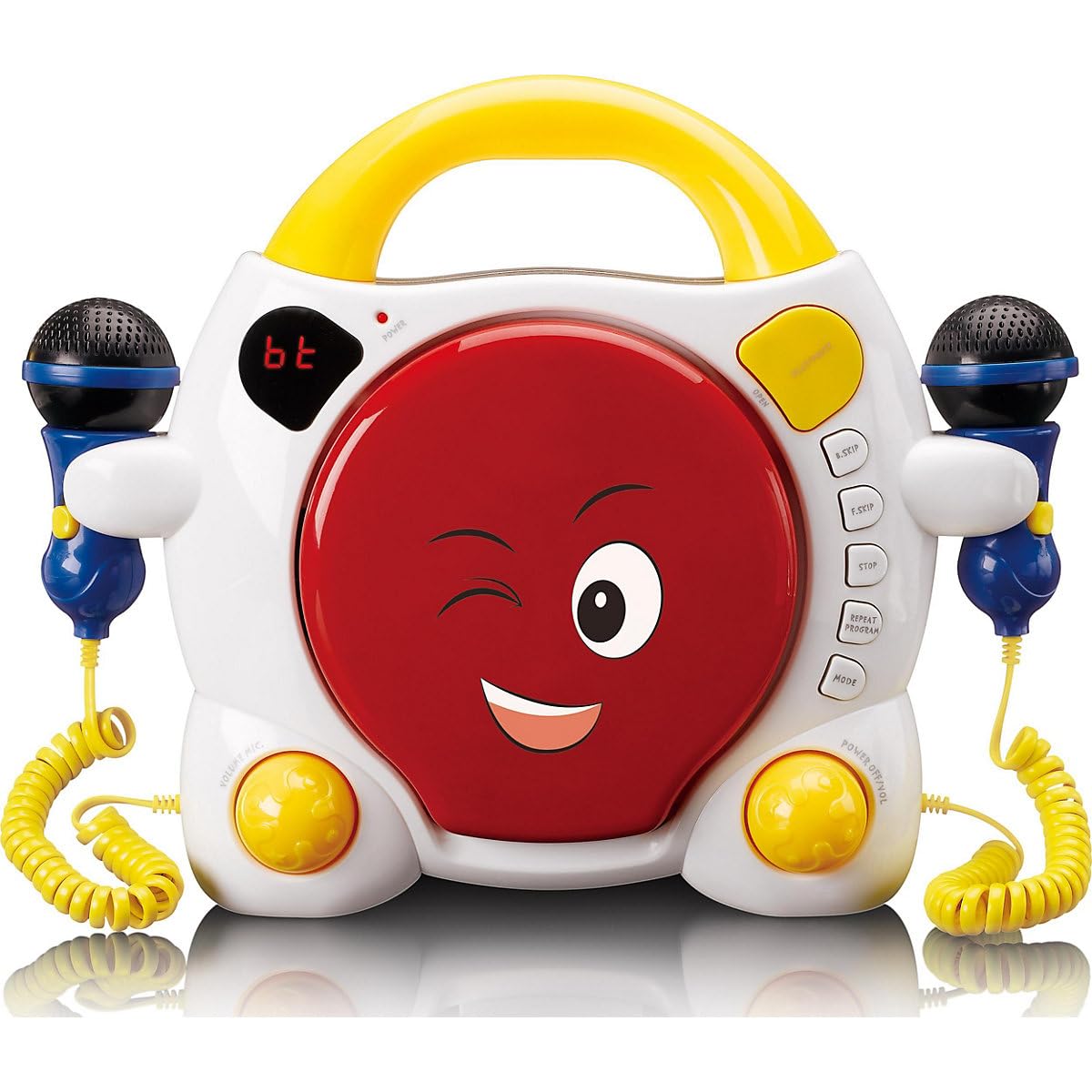 Lenco KCD-011 Lecteur CD Sing Along pour Enfants -Bluetooth 5.0 - Antishock -Ecran LED -Mémoire des Pistes - 2 Microphones pour Karaoké-Fonctionne sur Courant Alternatif ou Batterie- avec Autocollants