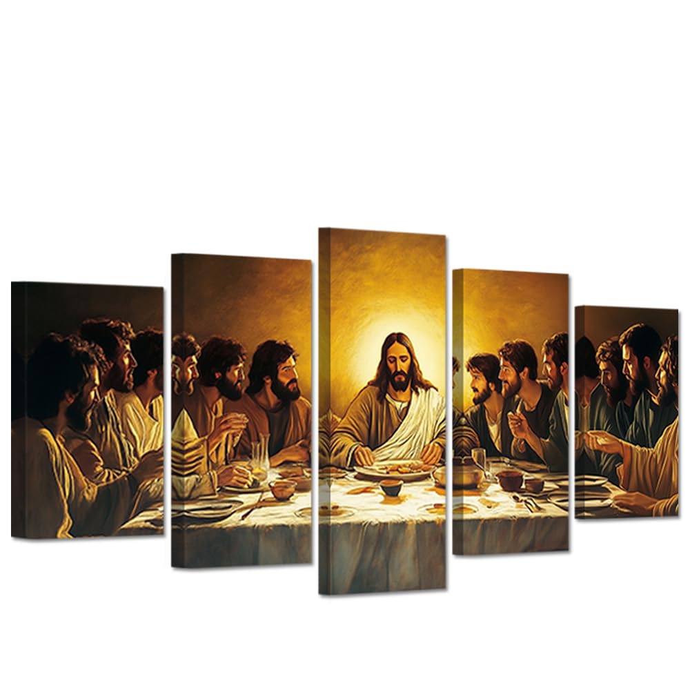 CXHOSTENT The Last Supper Wall Art 5 PCS Jesus Canvas Print Christian Pictures Religious Painting Print God Poster Living Room Church Room Decor Framed (30x40cmx2 30x60cmx2 30x80cmx1)
