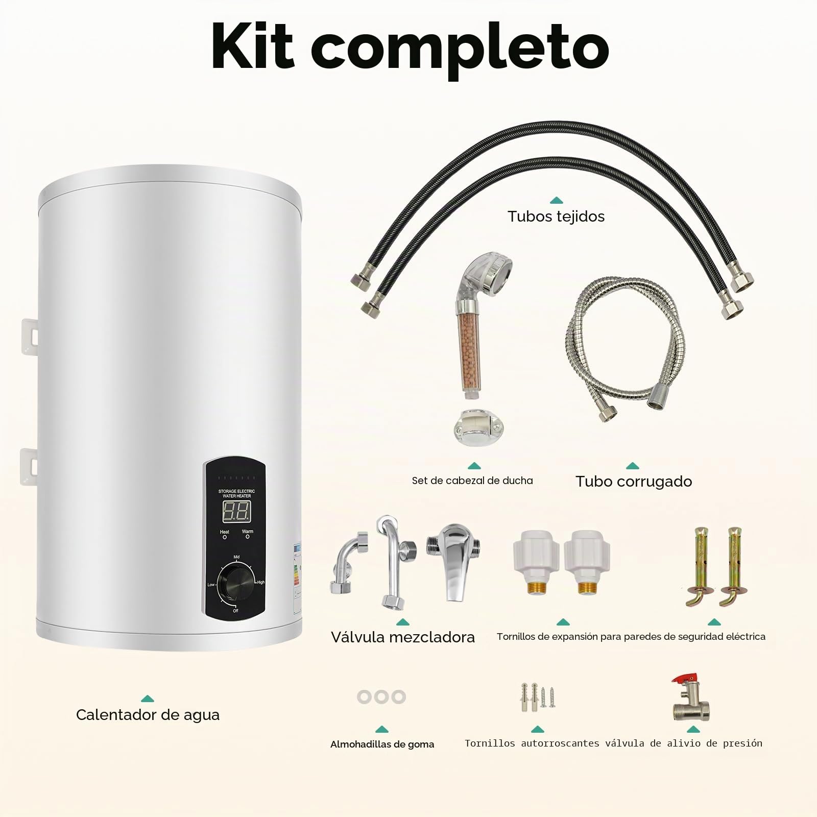 Calentador de agua eléctrico, compacto, 50 L, 80 L, 100 L, 120 L, 2000 W, IPX4, 25-75 °C, con ducha de mano y grifo para cocina y baño (50 L)