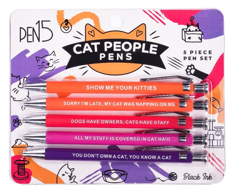 Funny Cat Pens 5-Pack Set, Black Ink Ballpoint Pens with Sarcastic Sayings for Writing, Gifts for Cat Lovers, Dad Gifts, Office Supplies, Desk Accessories