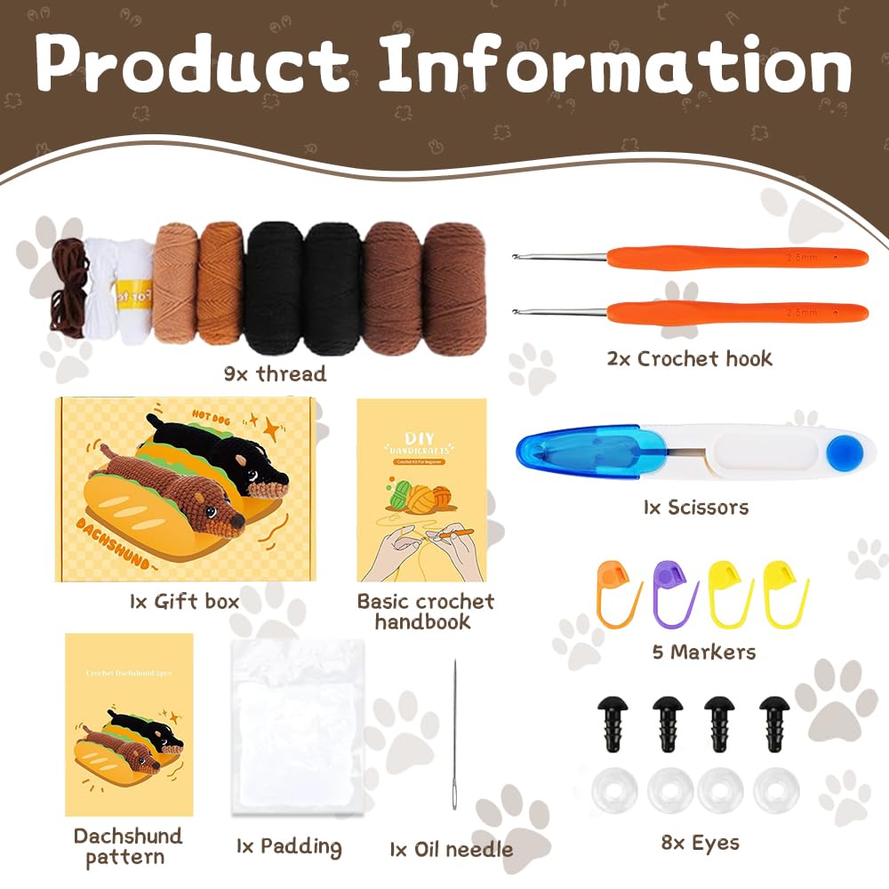 Wxeadu Häkelset für Anfänger, Häkelset Tiere, 2 Stück Dackel Garn Häkelnadel Set, Häkeln für Anfänger, Crochet Set mit Videokurs und Schritt Anleitungen, Stricken für Anfänger Set für Geschenk