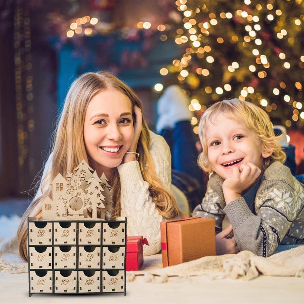 Calendario de Adviento de madera hecho a mano, cuenta regresiva de chocolate para Navidad, para niños, familia de Navidad reutilizable, color marrón