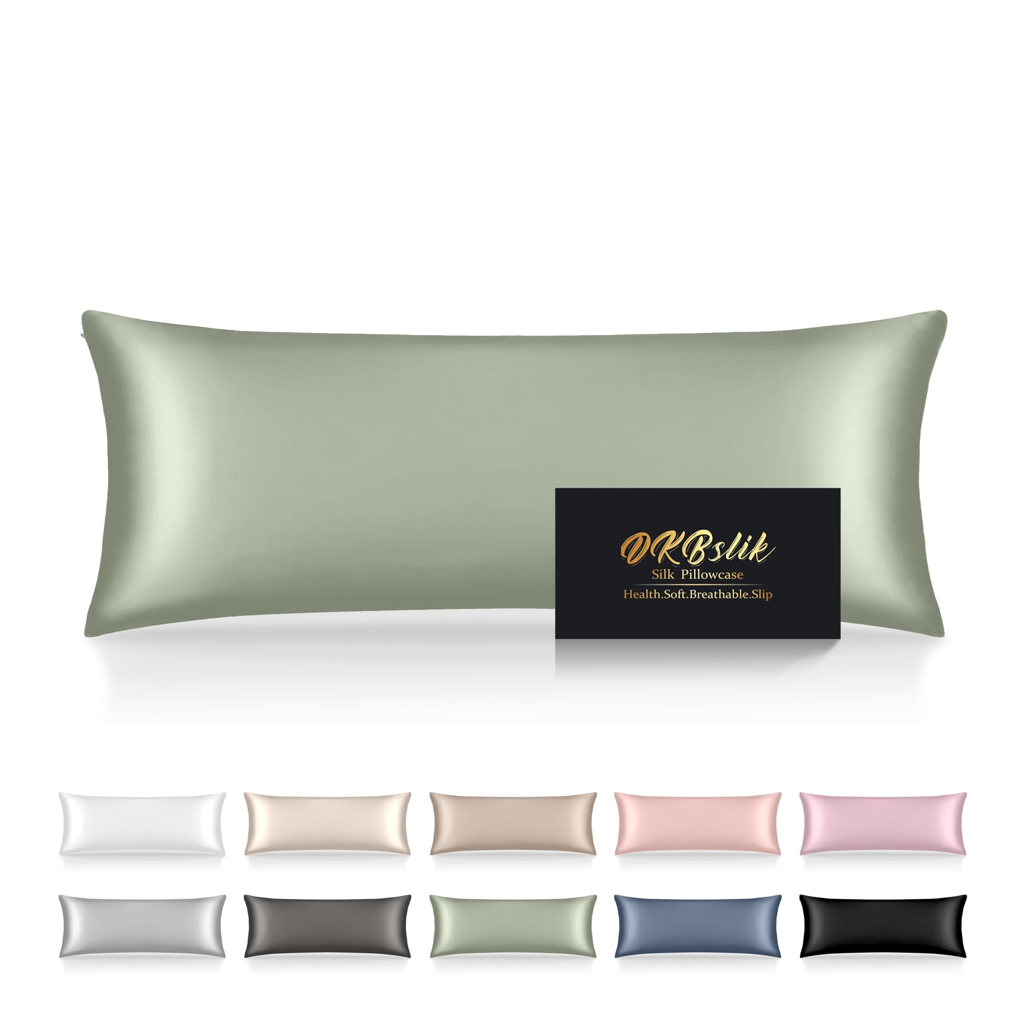 Silk Body Pillow Cases, Mulberry Silk Body Pillow Cover with Zipper, Smooth, Anti Acne, Cooling Sleep Both Sides Natural Silk Satin 20x54 Body Pillowcase, Gifts for Women Men, Sage Green