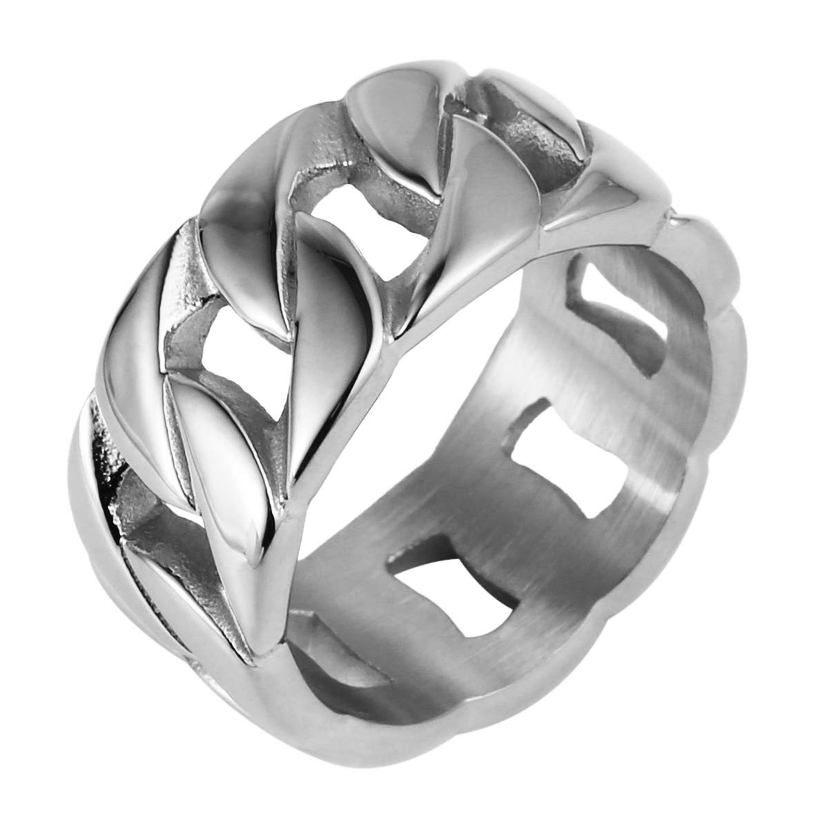 AsAlways Mens Punk Hip Hop Motorcycle Ring Stainless Steel 11mm Wide Band Cuban Link Chain Ring