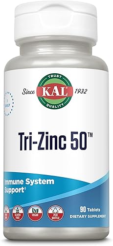 KAL Tri Zinc 50mg con citrato de zinc, quelato de aminoácido de zinc y picolinato de zinc, suplemento de metabolismo saludable y apoyo inmunológico,