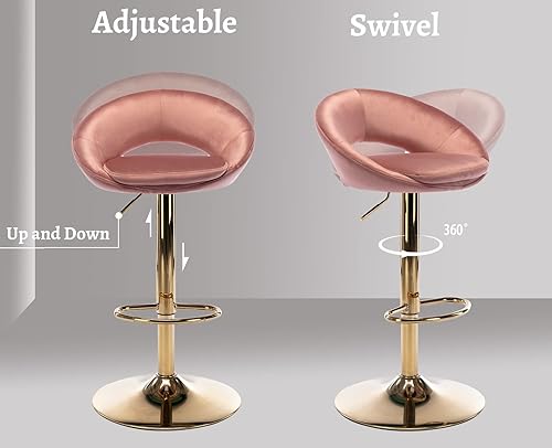 Miniatura 5 de EALSON Juego de 2 taburetes de bar giratorios con respaldo bajo, modernas sillas de bar ajustables con base dorada, cómodos taburetes de isla de