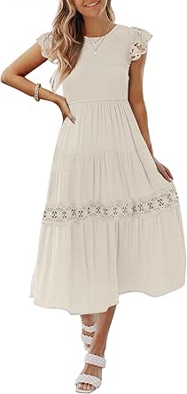 ZESICA Women's 2023 Casual Crew Neck Flutter Sleeve Smocked High Waist Hollow Out Lace Trim Tiered A Line Midi Dress