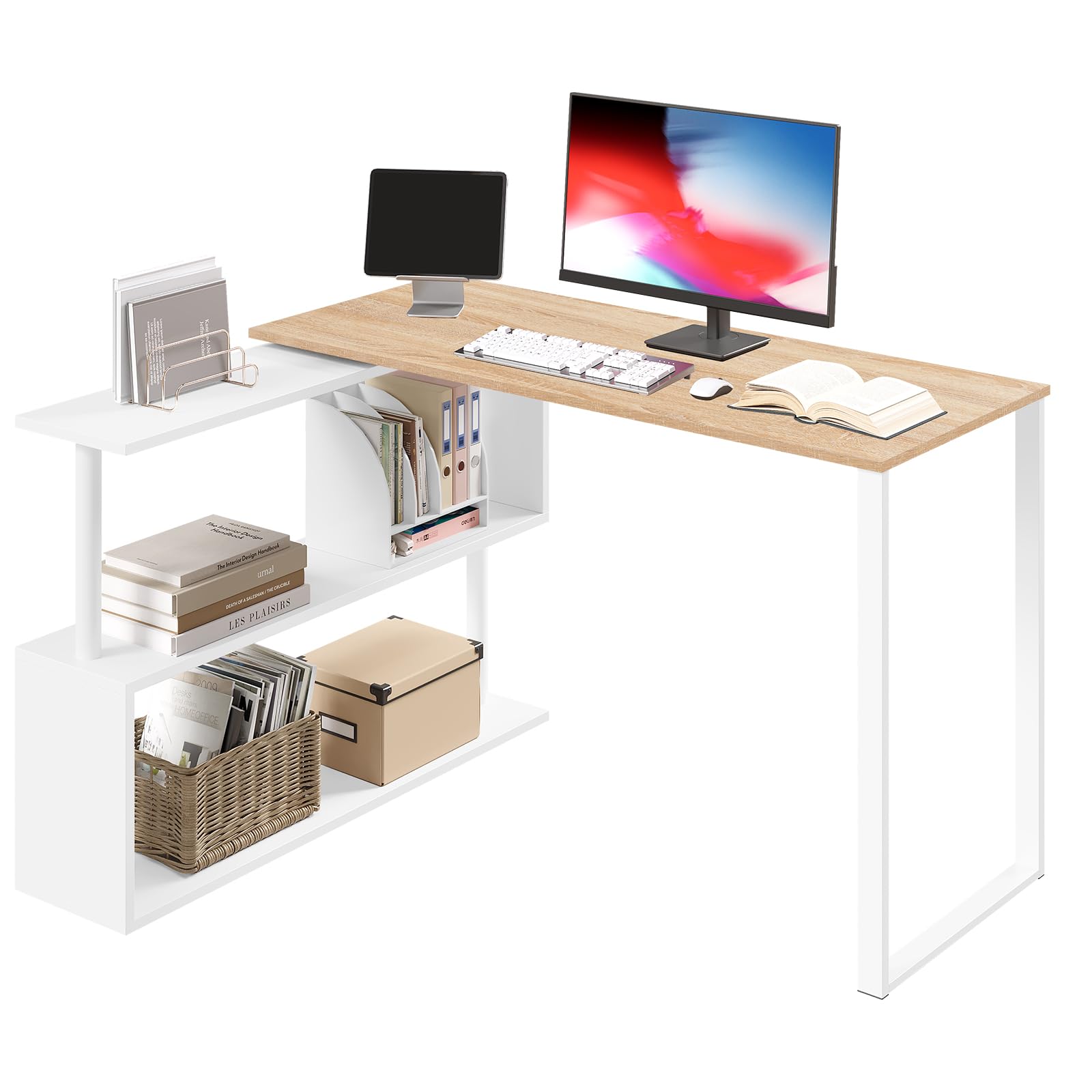 WOLTU Escritorio en L con Estantes Giratorios, Mesa de Ordenador 120x50cm, Mesa de Trabajo, Escritorio Esquinero, Roble Claro