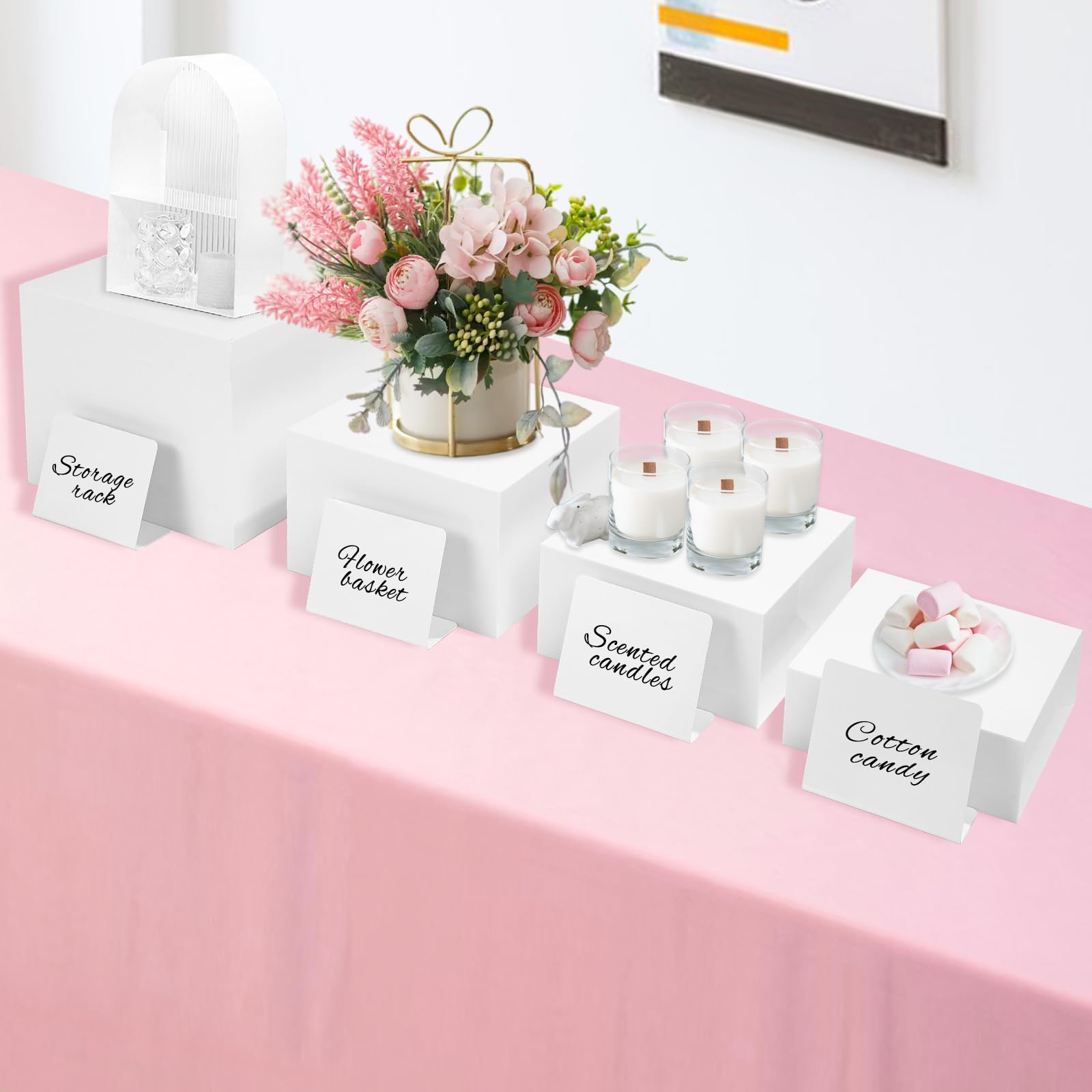 Lot de 4 rehausseurs de buffet en acrylique avec mini panneaux de buffet - Présentoir de table - Différentes tailles - Présentoir alimentaire pour figurines de collection