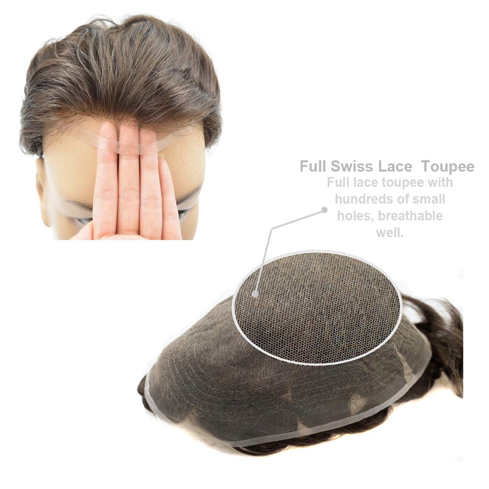 Hairnotion Mens Toupee 8x10 Inch Swiss Lace Light To Medium Density Human Hair Replacement system for Men (2#)