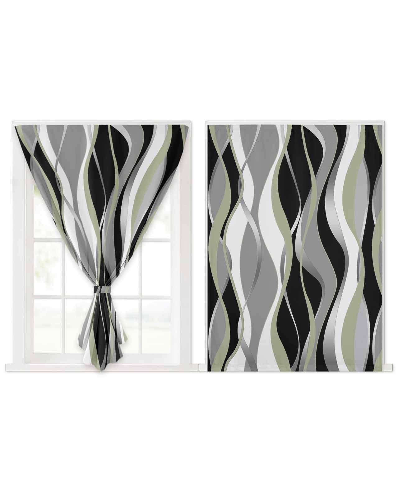 Sage Green Stripes,Geometric Black Grey White Self Adhesive Blackout Curtains with Tiebacks,Portable Rod Pocket Room Darkening Curtains for Bedroom