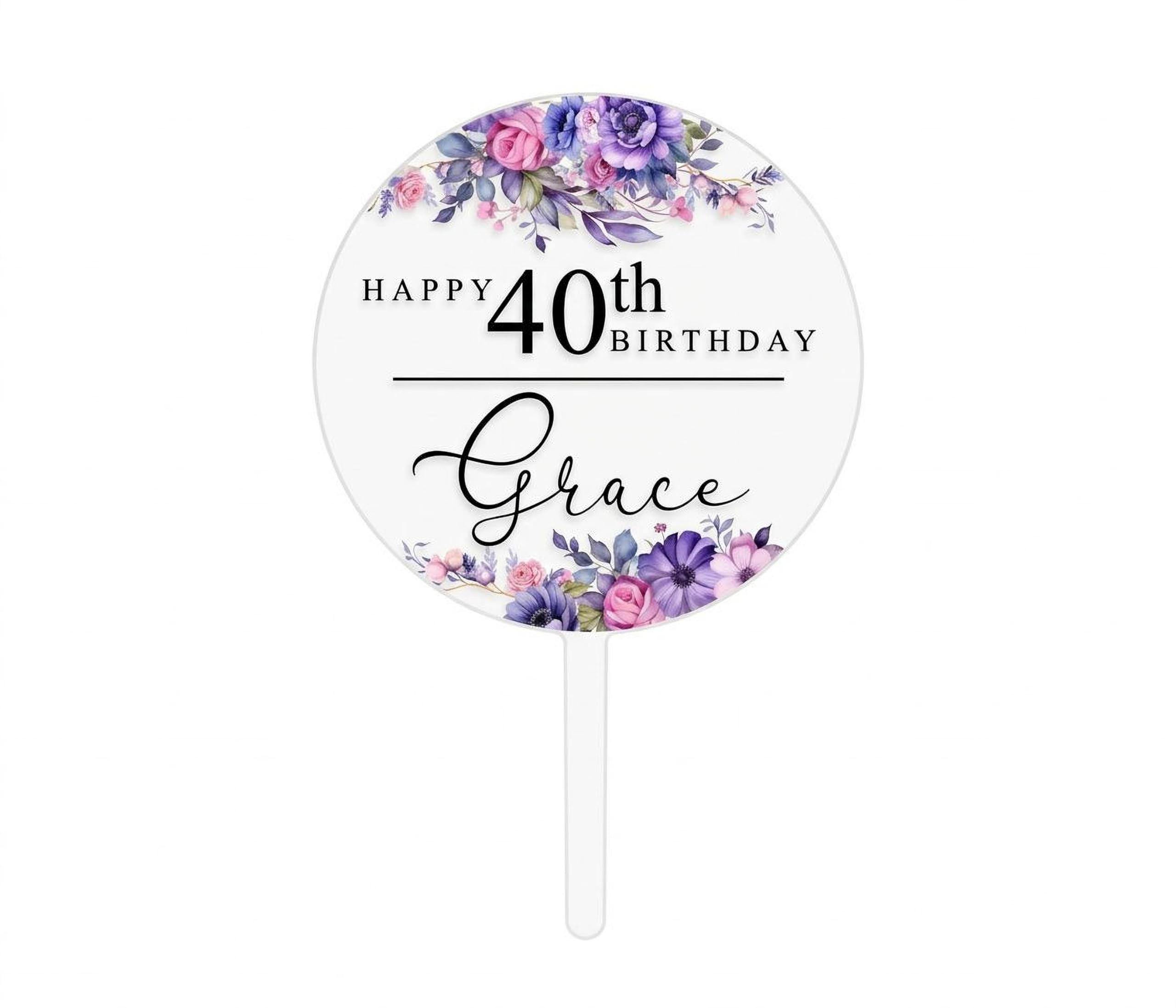 Personalised Floral Acrylic Cake Topper – Custom Name & Age – Watercolor Flowers in pink and purple on Clear Round Acrylic – Elegant Birthday Keepsake for Her