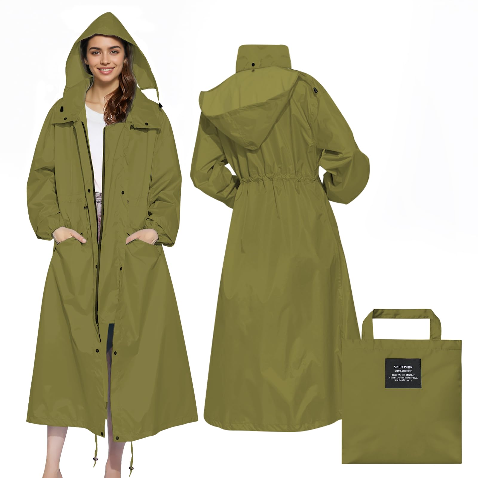 Womens Long Raincoats Rain Jacket Waterproof Packable Hooded Windbreaker Lightweight Adjustable Waist for Outdoor-image-16
