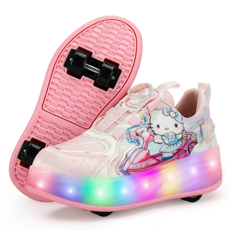 Lucky Kids Kids Roller Skates 4 Wheel Flashing Skate Shoes with LED Lights USB Rechargeable Stylish & Fun for Boys & Girls 28 EU Kitty Pink