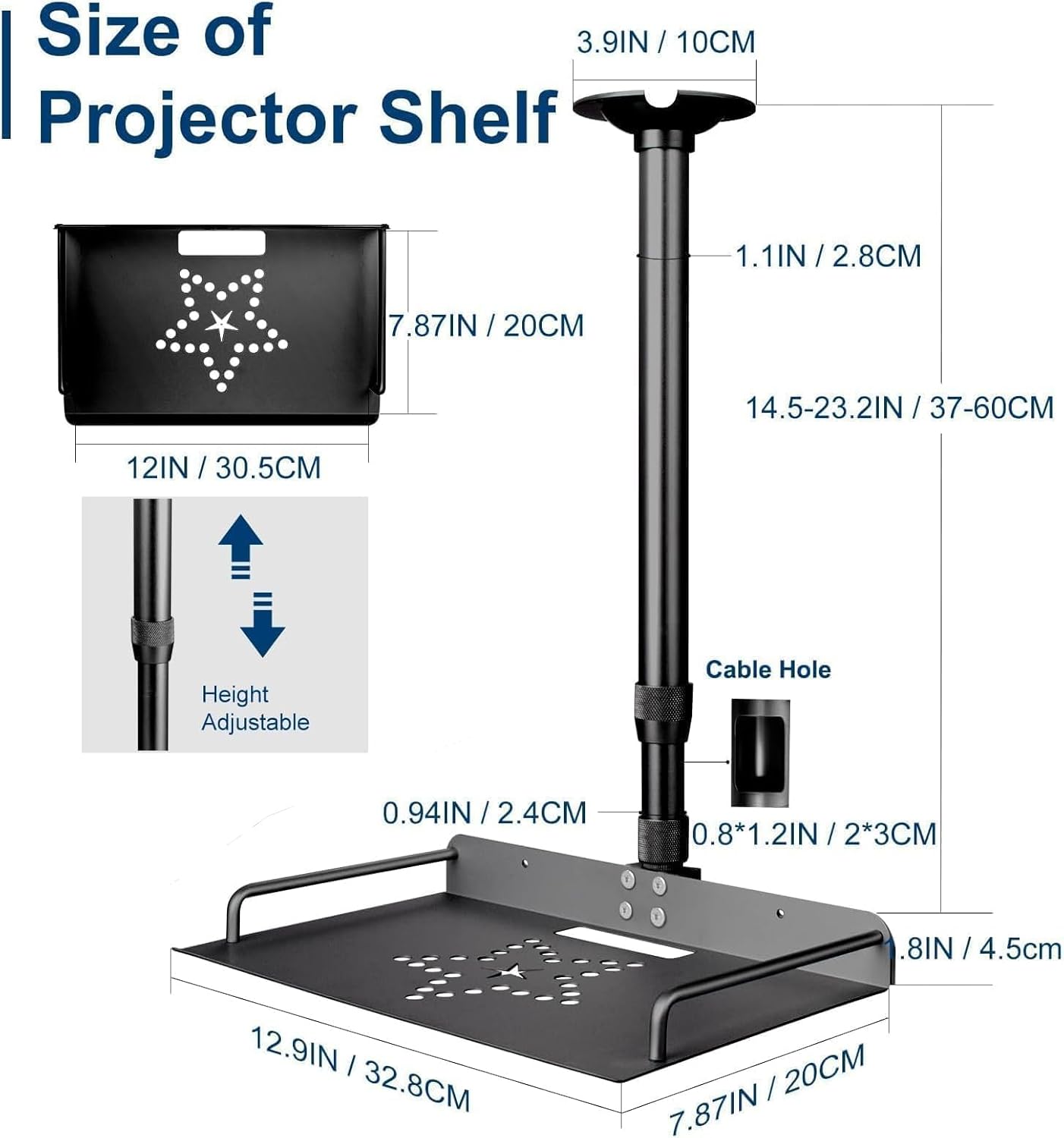 2-Be-Best Universal Projector Ceiling Mount with Tray, 14.5-23.2IN / 37-60CM Height Adjustable 360° Rotation Ceiling Projectors Mount Black