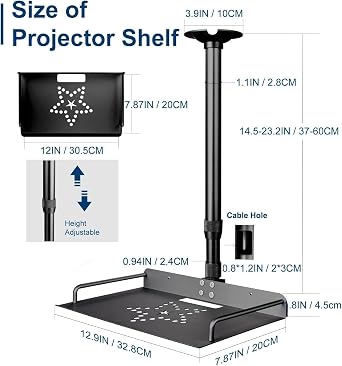 2-Be-Best Universal Projector Ceiling Mount with Tray, 14.5-23.2IN / 37-60CM Height Adjustable 360 Rotation Ceiling Projectors Mount Black