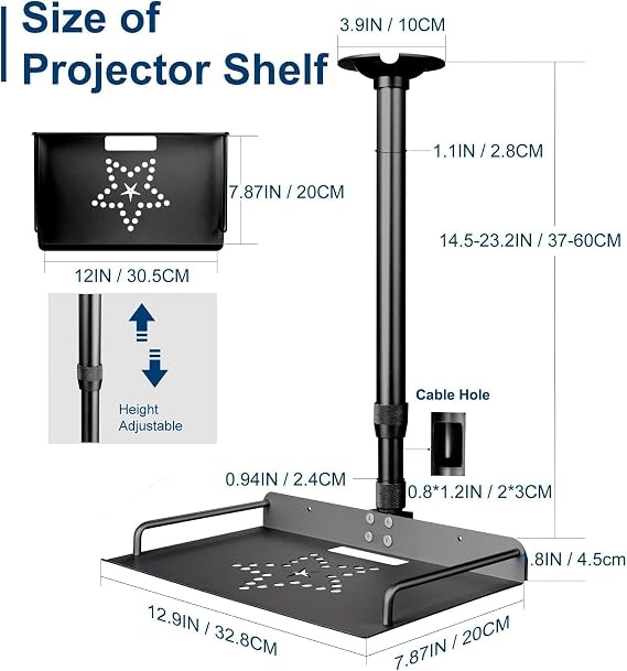 2-Be-Best Universal Projector Ceiling Mount with Tray, 14.5-23.2IN / 37-60CM Height Adjustable 360 Rotation Ceiling Projectors Mount Black