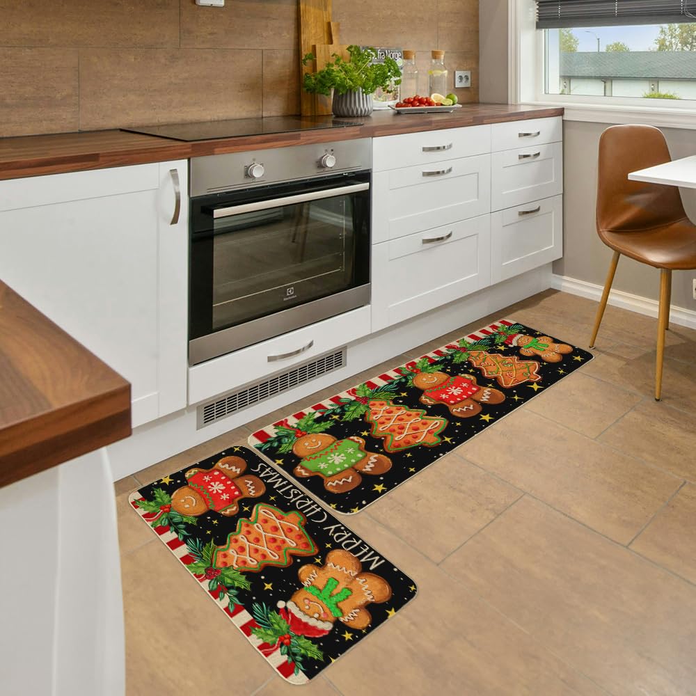 DineDia Gingerbread Man Merry Christmas Kitchen Mats Set of 2,Xmas Candy Cookie Holiday Party Seasonal Home Decor Winter Kitchen Rugs for Floor - 17x29 and 17x47 Inch DKM008
