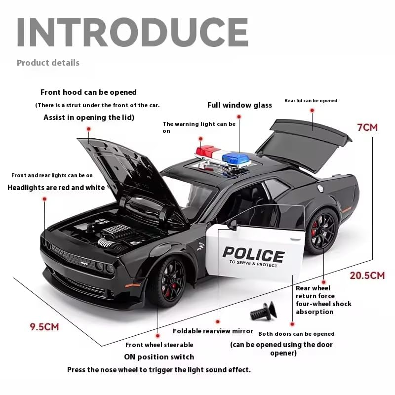 Image of Scale 1:24 Dodge Challenger SRT Police - Black Alloy Diecast Pullback Metal Car Toy with Sound Light & Opening Doors - Best Gift Toy for Kids