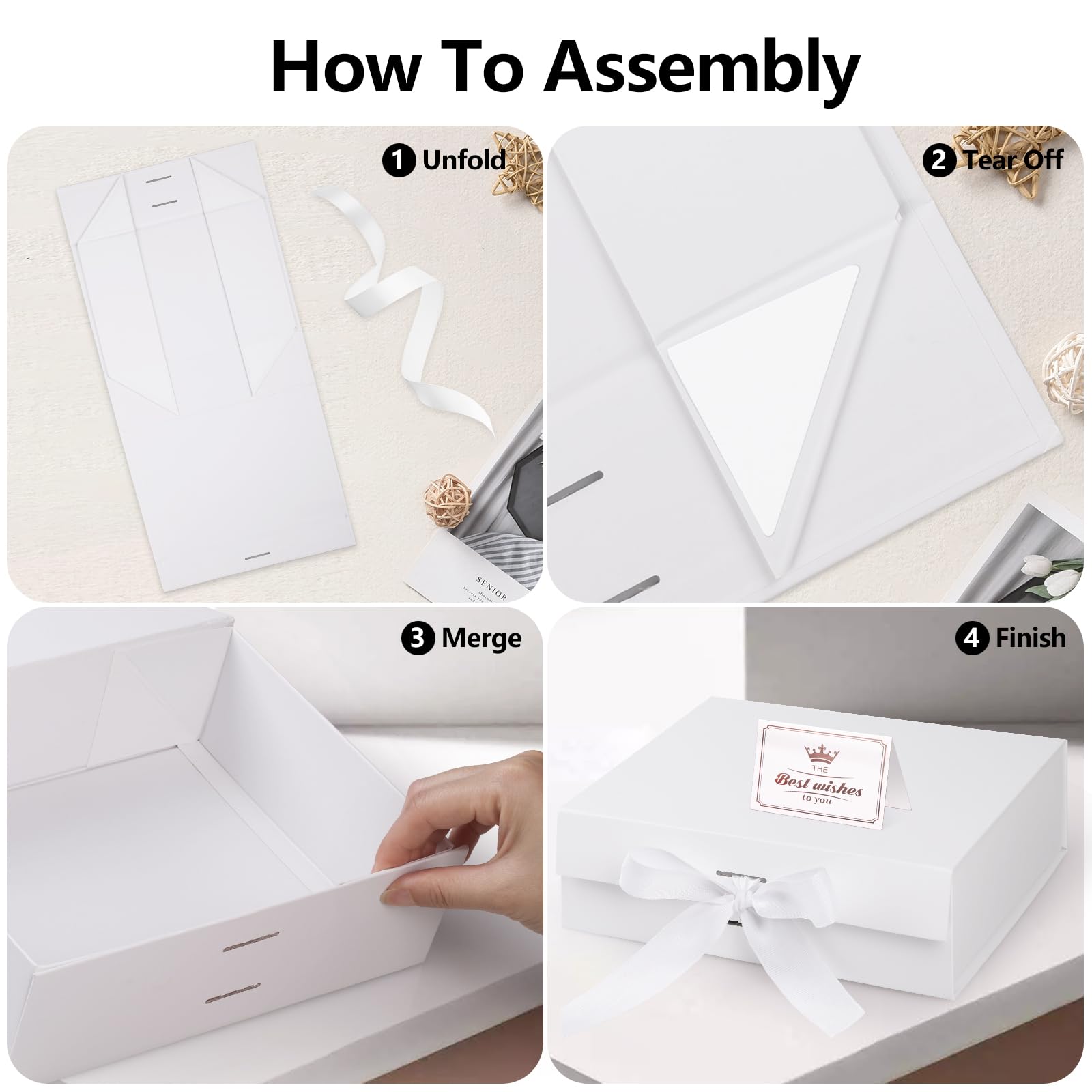 Hianjoo Boîte Cadeau Avec Couvercle 23x17x7 Cm, Coffrets Cadeaux Pliables Avec Couvercle Magnétique Et Ruban Pour Mariages, Anniversaires, Saint-Valentin, Noël-Blanc