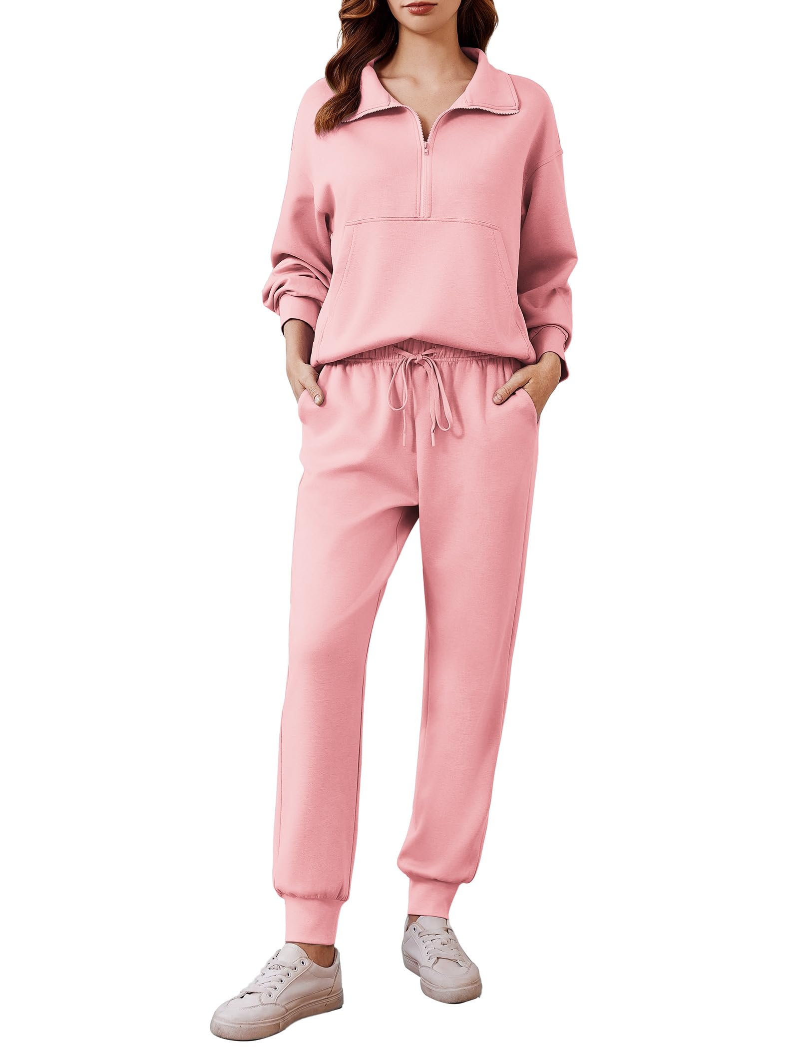PINSPARK 2 Piece Sets for Women Long Sleeve Half Zip Tracksuit Jogger Sets | 2026 Fall Travel Outfits Lounge Set, Lightweight Soft Air Layer Fabric, Kangaroo Pocket Sweatshirt, Drawstring Joggers Pants