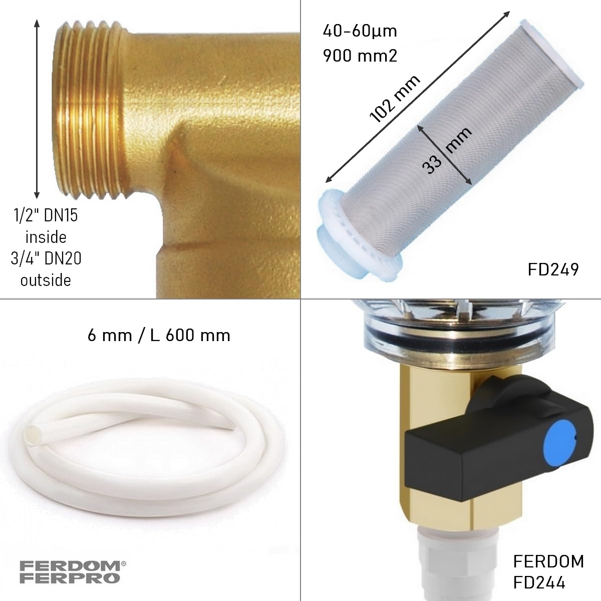 ZESTAW OCHRONY INSTALACJI FD444 FERDOM. 2 w 1. Filtr Wstępny, Osadowy Typu Spin-Down z Siatką Inox 40-60 μm (FD244) + Dozownik/Podajnik Proporcjonalny do Wody Wodociągowej, Dodatkowe Wkłady (FD406).