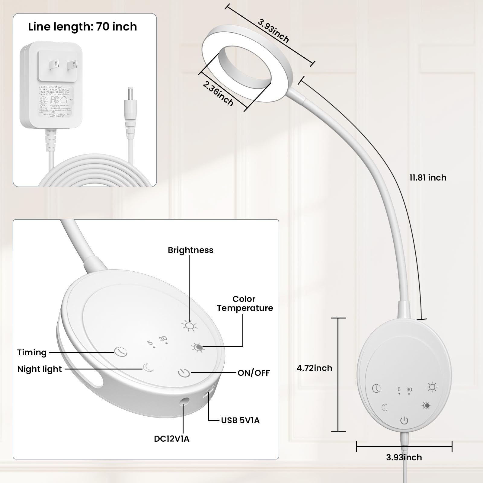 Naścienna lampka do czytania, lampki nocne z 5 temperaturami barwowymi i 5 ściemnianiami, elastyczna szyja 360°, wyjście USB, lampka nocna i funkcja timera