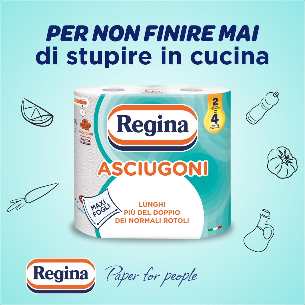 Regina Asciugoni Carta Cucina, Confezione da 24 Rotoli a 2 veli, 100 strappi per rotolo, Maxi fogli, Lunghi più del doppio dei normali rotoli, Carta 100% certificata FSC